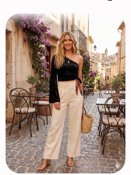 Free People Pants - Free People Black One-Shoulder Top with Cream Wide-Leg Pants